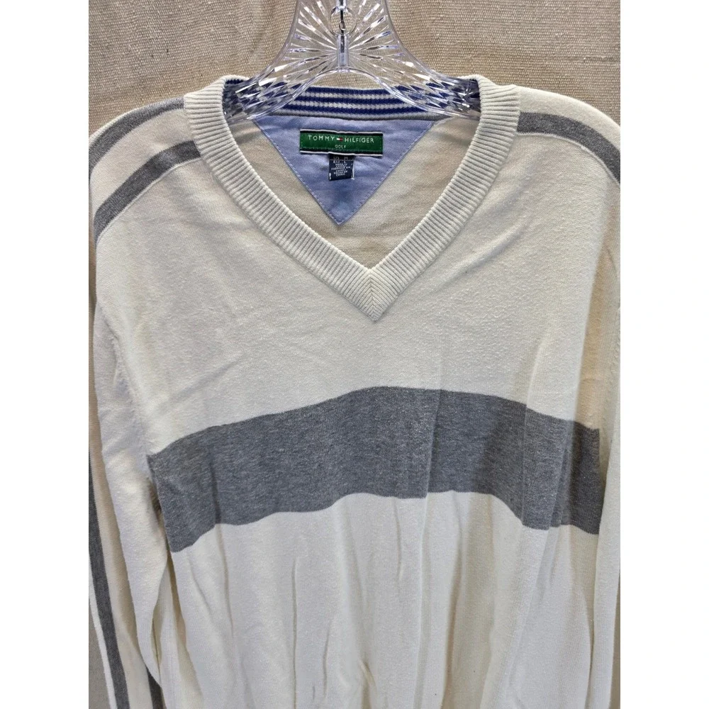 Tommy Hilfiger Golf Mens V-Neck Sweater Cream Grey Striped Cotton Blend Size M
